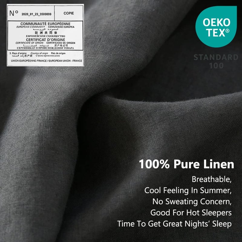 Simple&Opulence 100% Linen Sheet Set with Embroidery Washed - 4 Pieces (1 Flat Sheet & 1 Fitted Sheet & 2 Pillowcases) Natural Flax Soft Bedding Breathable Farmhouse - Dark Grey, King Size - Image 2